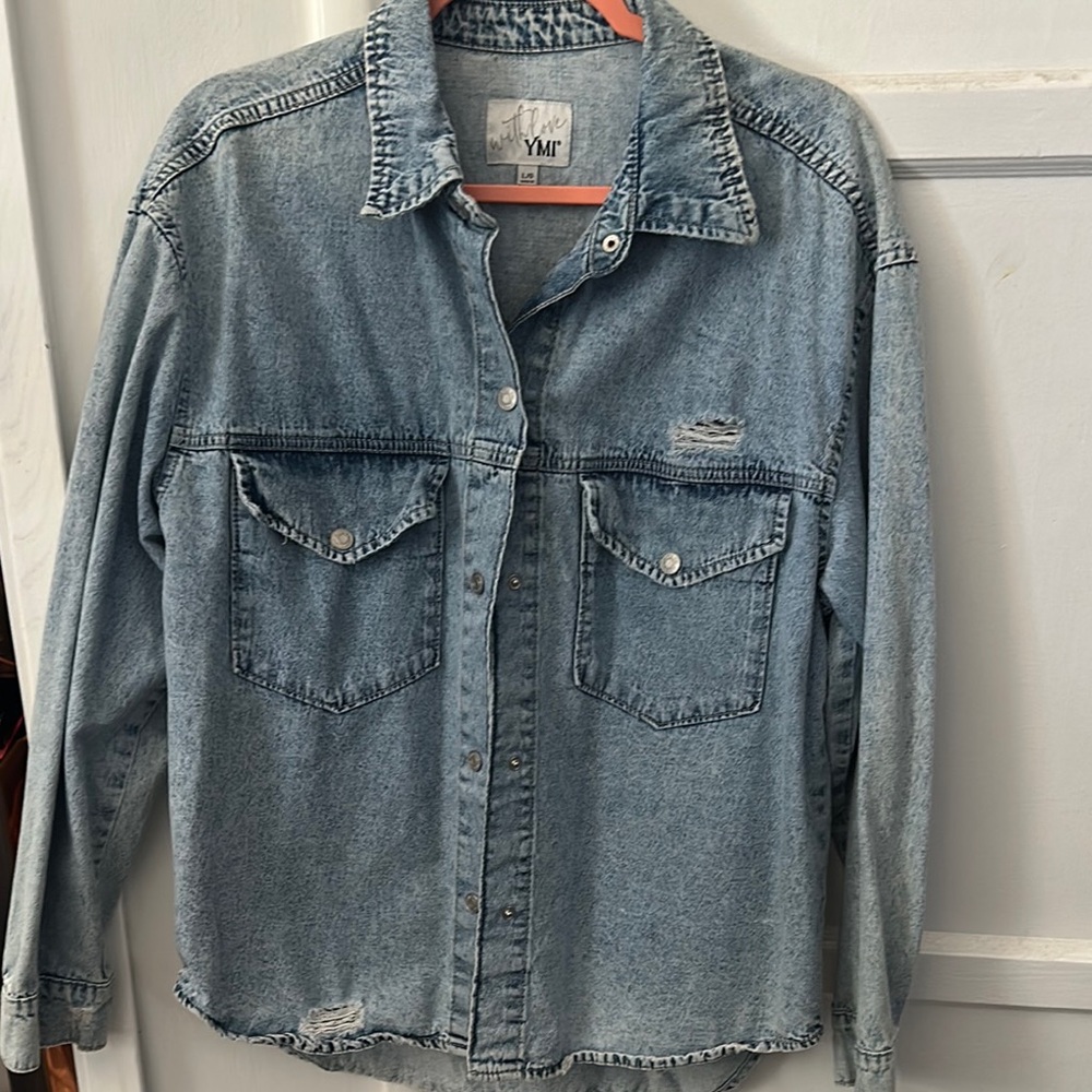 YMI Washed Light Blue Denim Button-Up Shirt